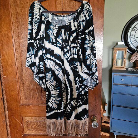 Black Blue Tan White Tie-Dye Midi Dress with Fringe Women’s Size M/L Chic Boho - Picture 2 of 3